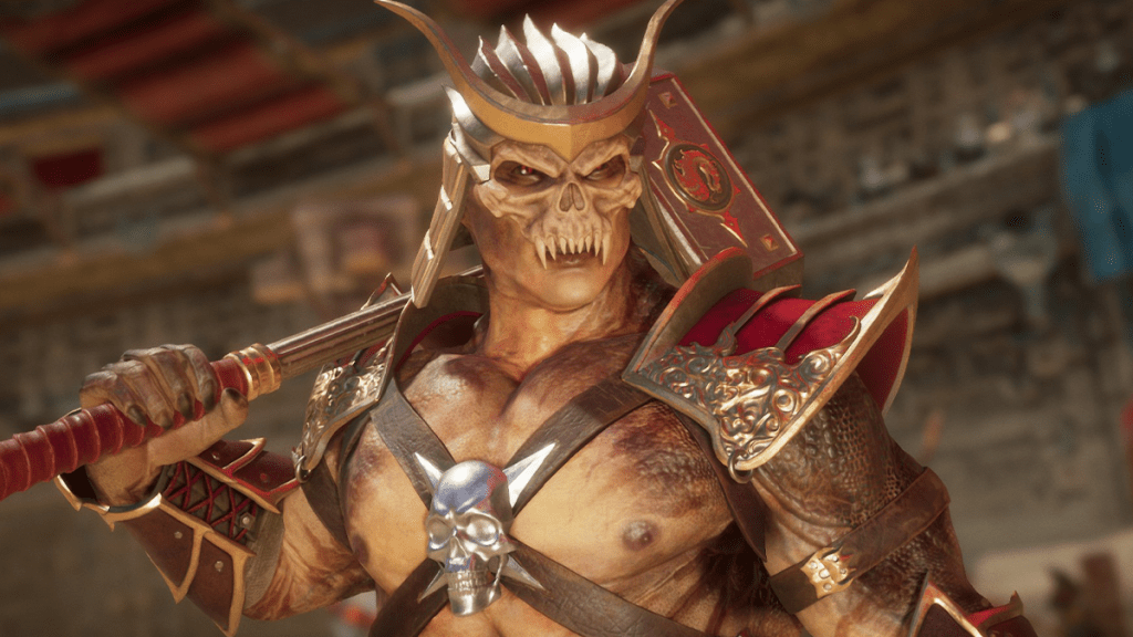 An image of Mortal Kombat character, Shao Khan, with weapon slung over shoulder.