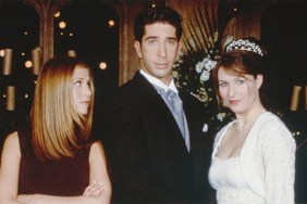 Jennifer Aniston as Rachel, David Schwimmer as Ross, and Helen Baxendale as Emily in a promotional still for Friends (Credit - NBC)