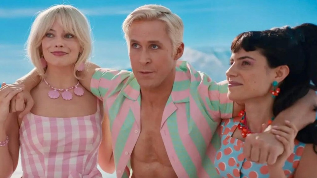 Margot Robbie, Ryan Gosling, and Ana Cruz Kayne in Barbie.