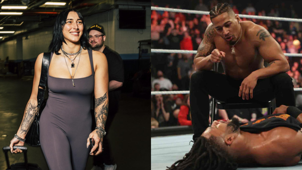 WWE Superstars Rhea Ripley, Carmelo Hayes and Trick Williams