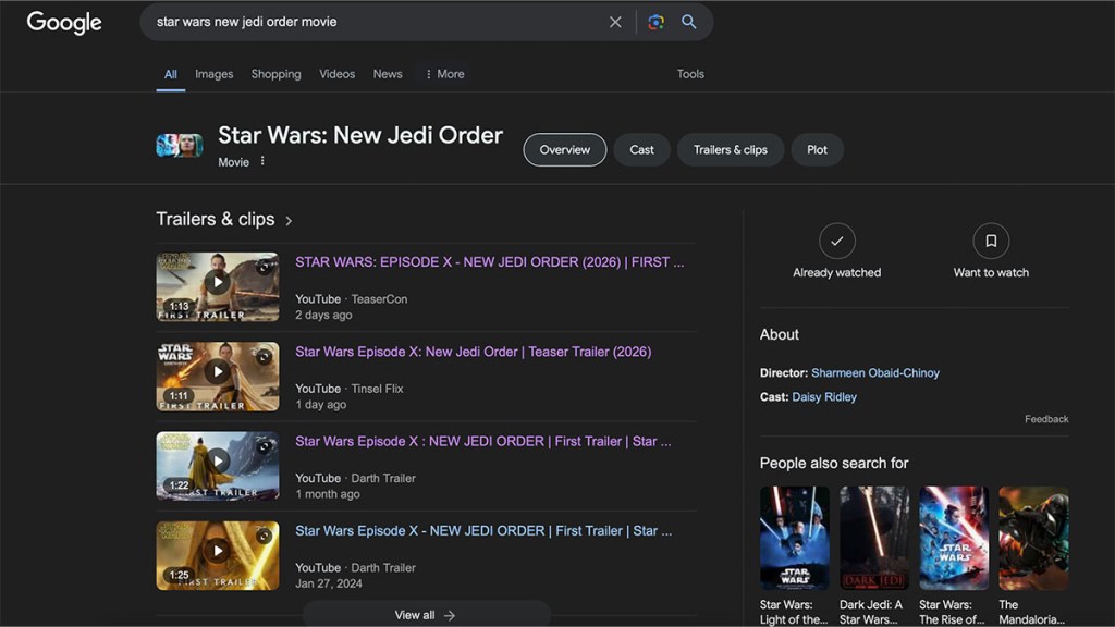 Star Wars New Jedi Order Trailer Fake Search Results