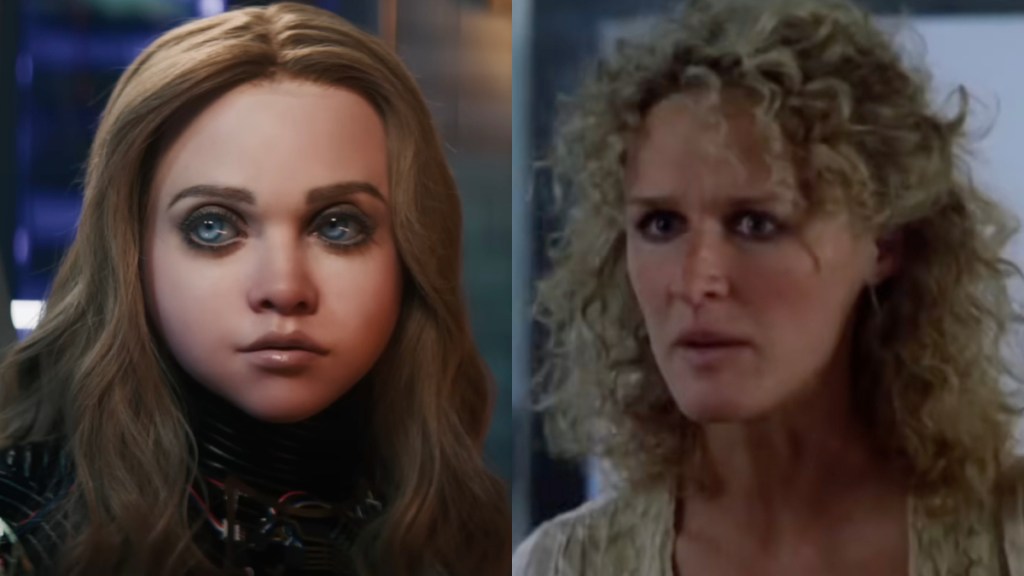 M3GAN and Glenn Close from Fatal Attraction in a side-by-side photo.