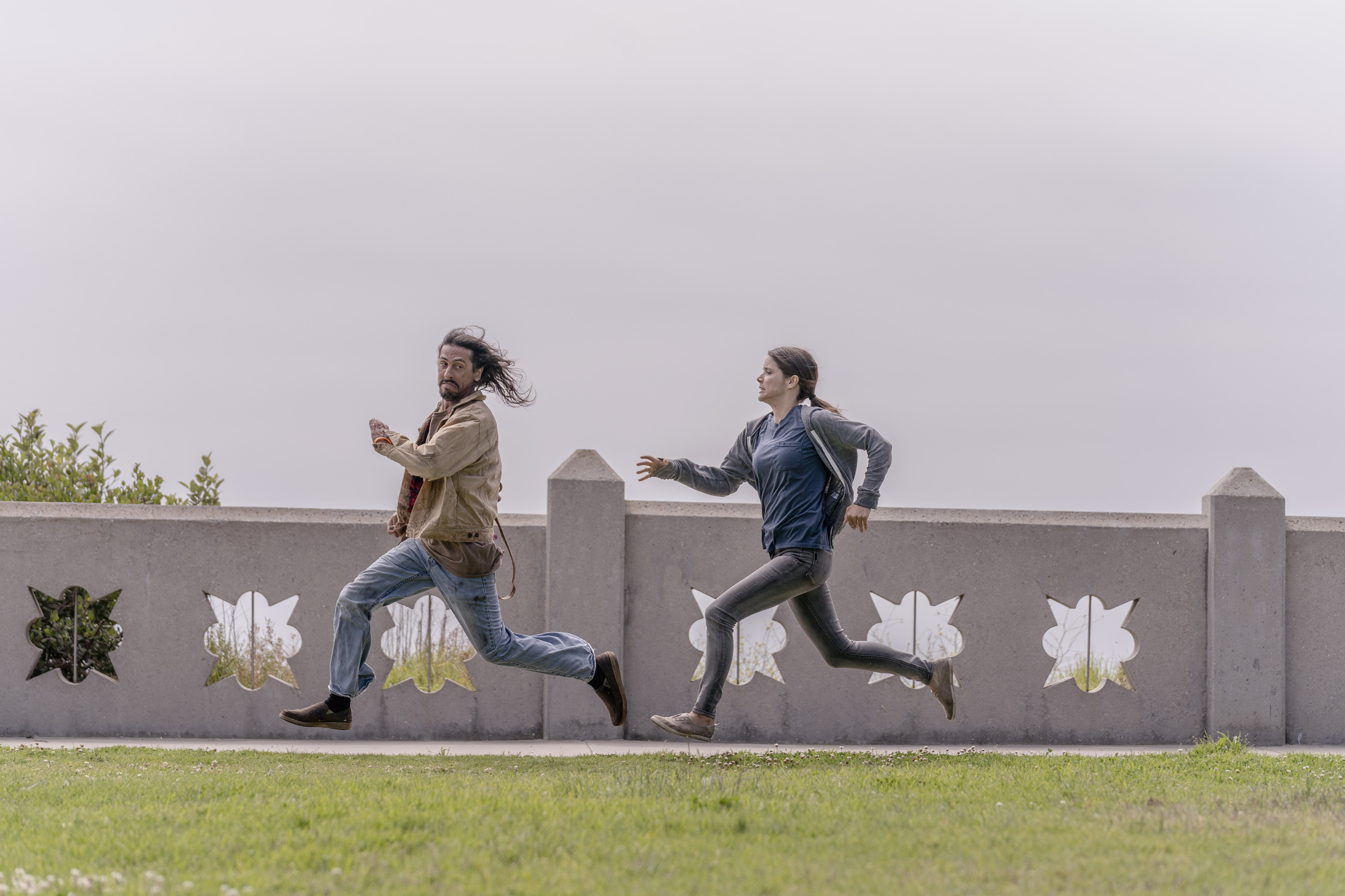 Michael Delgado as Homeless Man, Sonya Cassidy as Liz Dudley  - Lodge 49 _ Season 2 - Photo Credit: Michael Moriatis/AMC