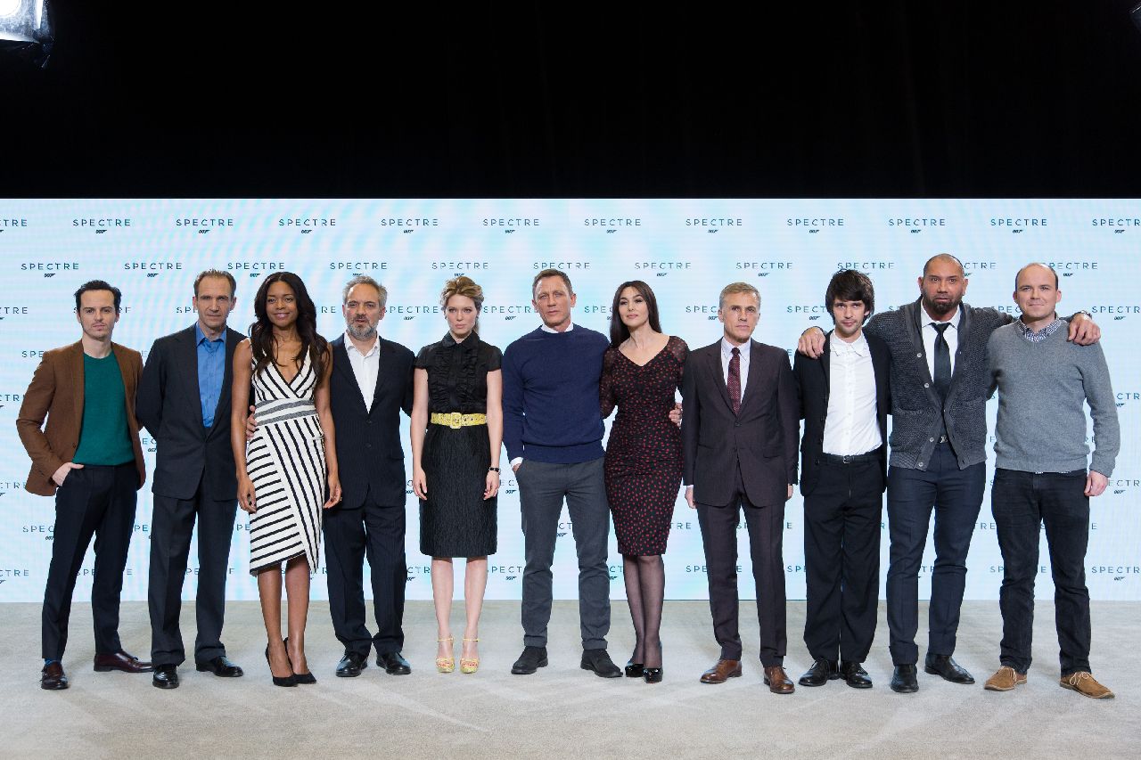 Eon Productions, Metro-Goldwyn-Mayer and Sony Pictures Entertainment announce the 24th James Bond adventure " SPECTRE. " Pictured: (L to R) Andrew Scott, Ralph Fiennes, Naomie Harris, Sam Mendes, LÃ©a Seydoux, Daniel Craig, Monica Bellucci, Christoph Waltz, Ben Whishaw, Dave Bautista, Rory Kinnear.