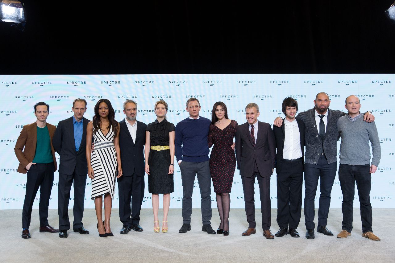Eon Productions, Metro-Goldwyn-Mayer and Sony Pictures Entertainment announce the 24th James Bond adventure " SPECTRE. " Pictured: (L to R) Andrew Scott, Ralph Fiennes, Naomie Harris, Sam Mendes, LÃ©a Seydoux, Daniel Craig, Monica Bellucci, Christoph Waltz, Ben Whishaw, Dave Bautista, Rory Kinnear.