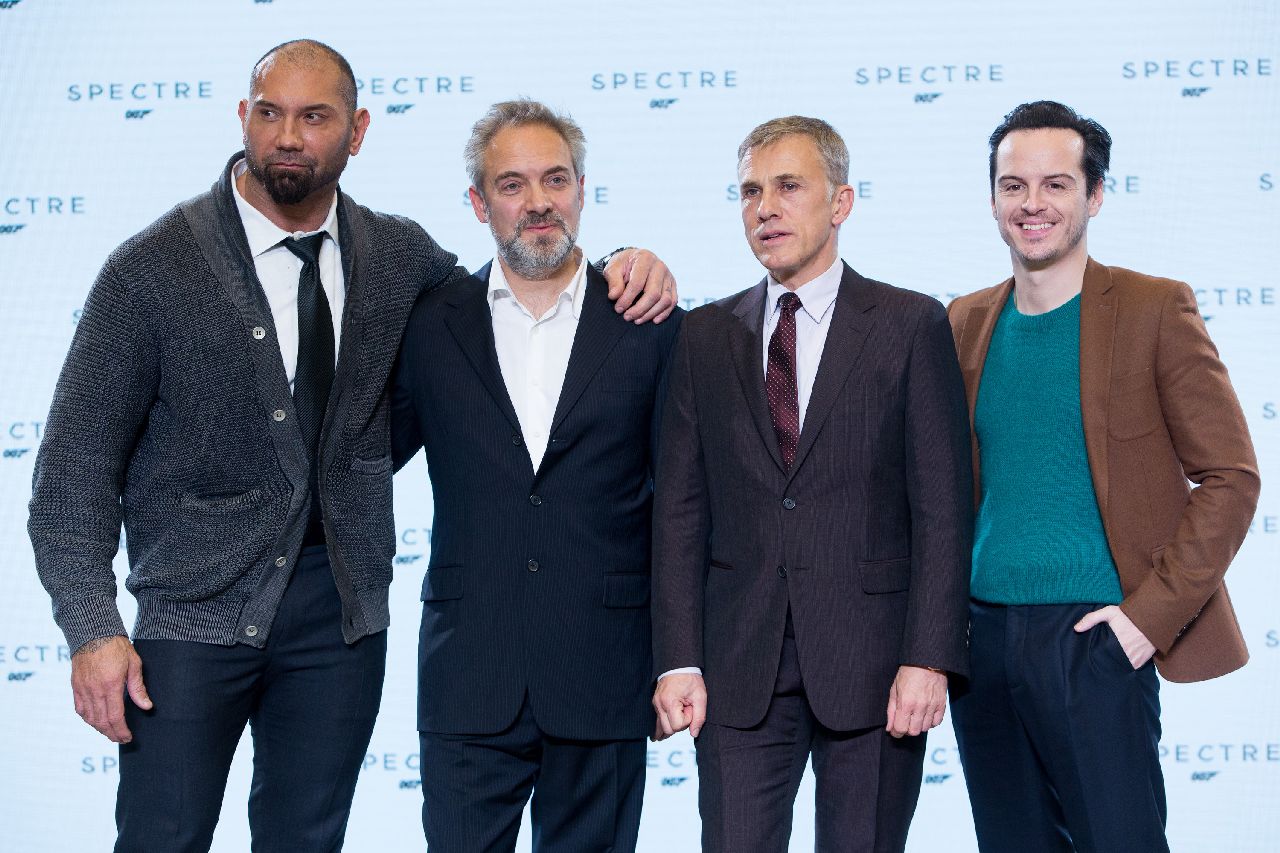 Eon Productions, Metro-Goldwyn-Mayer and Sony Pictures Entertainment announce the 24th James Bond adventure " SPECTRE. " Pictured: (L to R) Dave Bautista, Sam Mendes, Christoph Waltz and Andrew Scott.