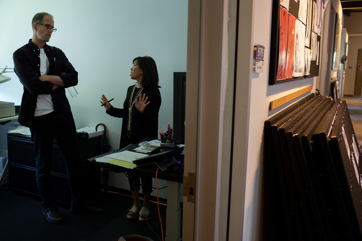 Pete Docter gives feedback to Bryn Imagire in her office during a "Soul" art review on August 7, 2019 at Pixar Animation Studios in Emeryville, Calif. (Photo by Deborah Coleman / Pixar)